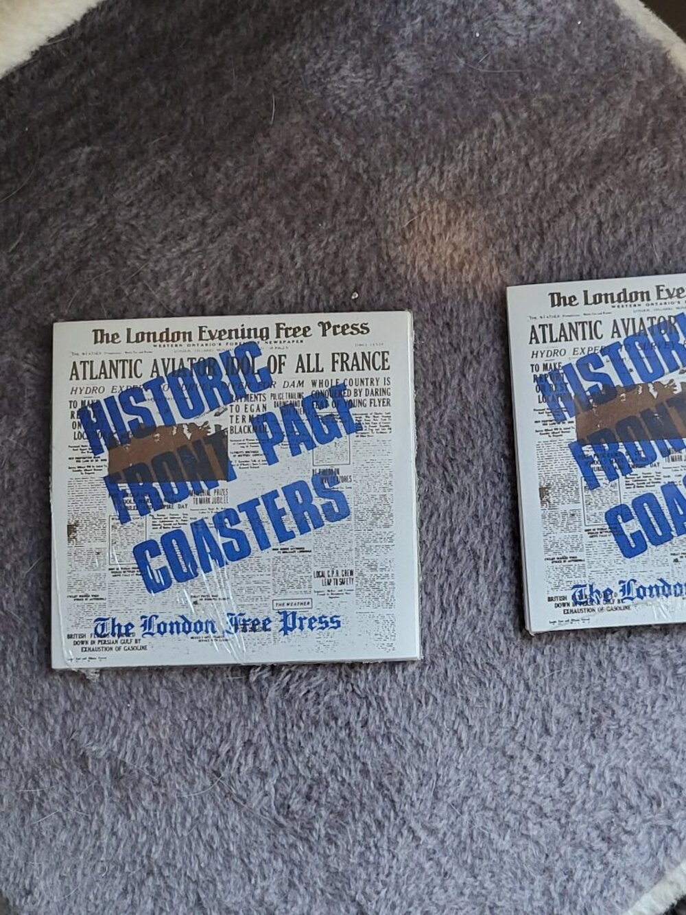 2 LONDON FREE PRESS (CANADA) HISTORIC FRONT PAGE COASTERS CARDBOARD SEALED RARE